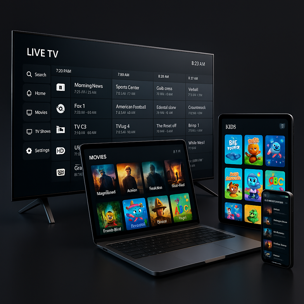 LumioTV interface on TV, laptop, tablet, and smartphone