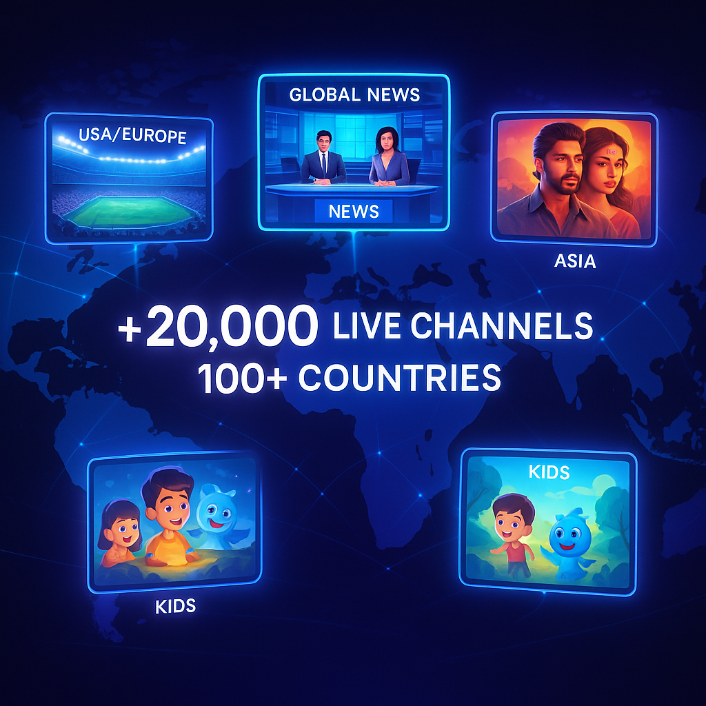 World map with floating screens for sports, news, movies and kids content