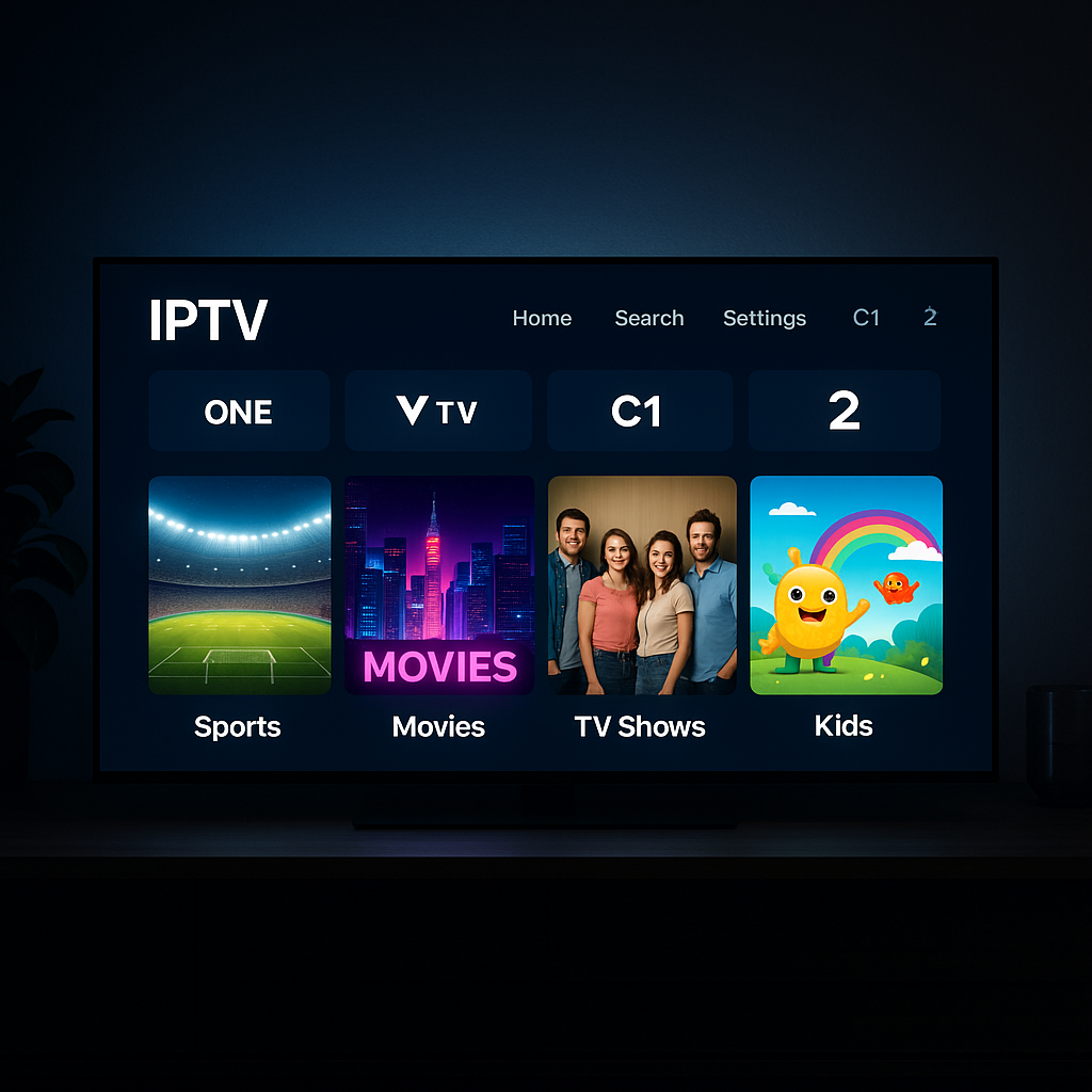 Smart TV mockup showing IPTV interface with categories Sports, Movies, TV Shows, Kids, and VOD